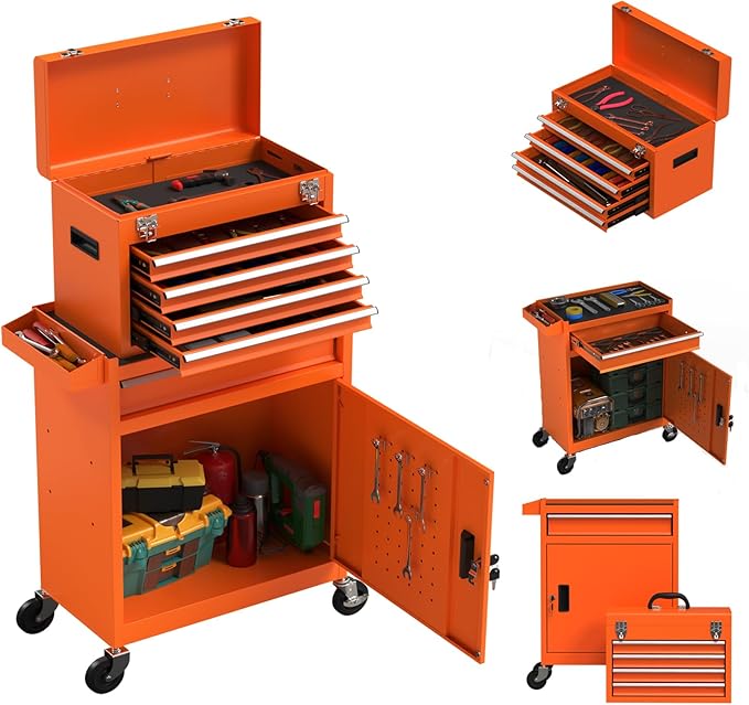 5-Drawer Rolling Tool Chest,Garage Storage Tool Box with Wheels,Lockable and Detachable Tool Cabinet,Heavy Duty Metal Tool Cart with Wheels for Garage,Warehouse,Workshop (Orange)