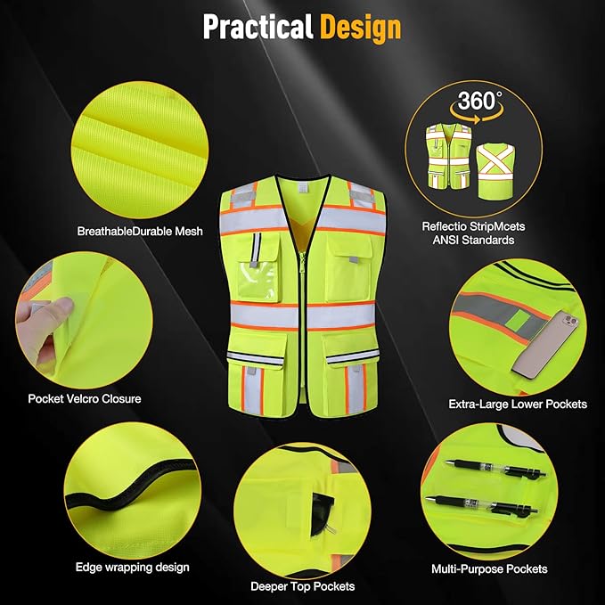 Class 2 Safety Vest with Zipper Front and multiple Pockets, High Visibility Vest, Meets ANSI/ISEA Standards