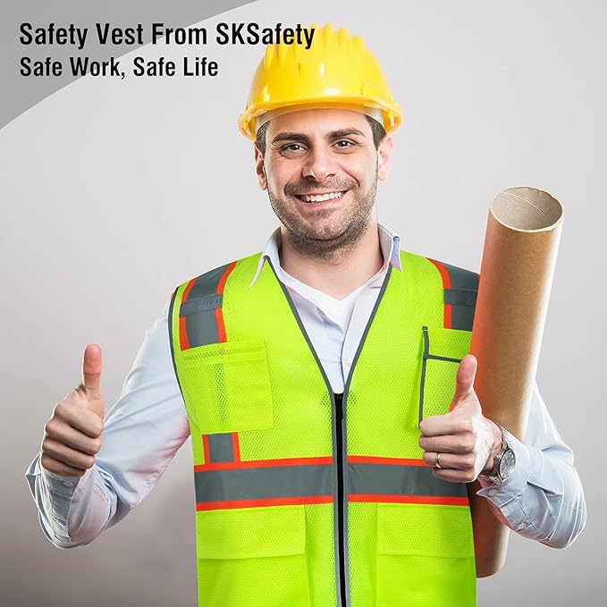 SKSAFETY 10 Pockets Safety Vest, Class 2 High Visibility Security with Zipper Double-sided mesh, Hi Vis Vest with Reflective Strips, ANSI/ISEA Standard, Construction Work Vest （Lime, 2XL）