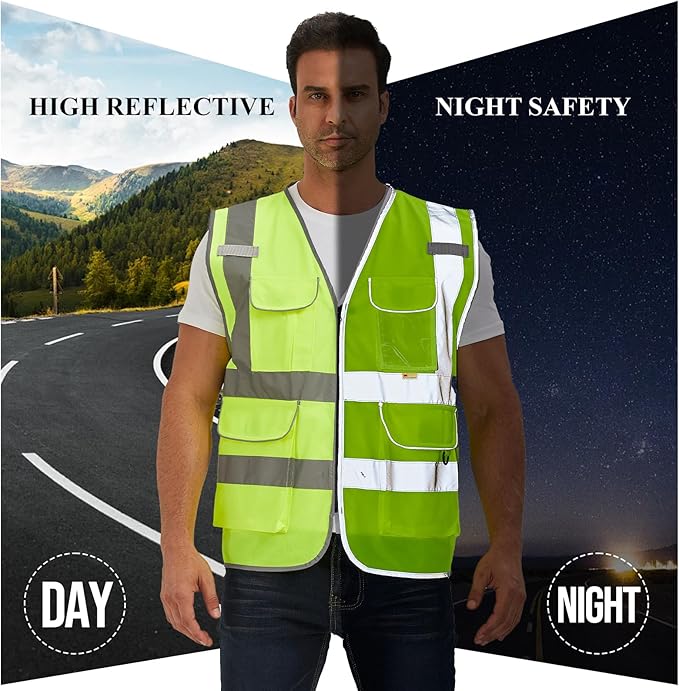 SIFE Reflective Safety Vest High Visibility Vest With 7 Pockets And YKK Zipper, ANSI/ISEA Class 2 Standard, Made With 3M Reflective Tape(03YG-Yellow,XL)