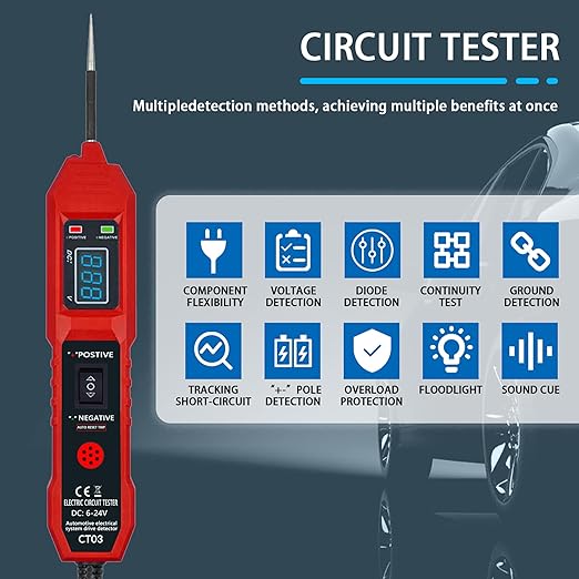 CT03 Power Circuit Tester, 6-24V DC Test Light Short Circuit, Automotive Component Electrical Polarity Identify Continuity Tester, Overload Protection