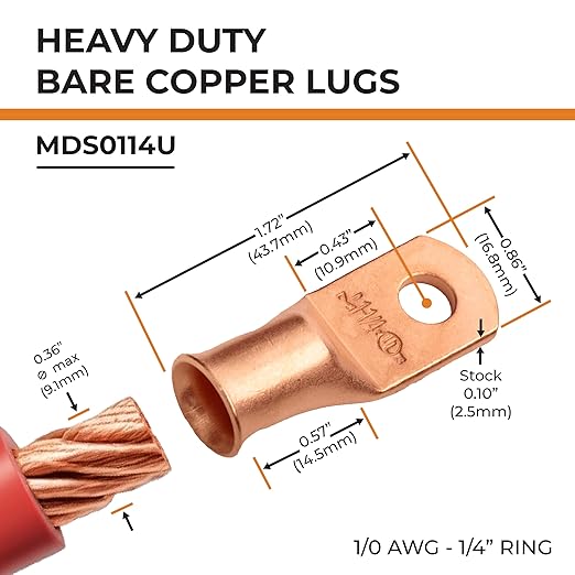SELTERM 25pcs 1 AWG 1/4" Stud Battery Lugs, Ring Terminals, Heavy Duty Copper Wire Lugs, Battery Cable Ends, 1 Gauge Ring Terminal Connectors, UL Bare Copper Eyelets Electrical Battery Cable Lugs