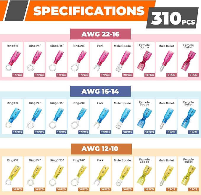 Crimping Tool For Heat Shrink Connectors, 310PCS AWG 22-10 Waterproof Automotive Marine Grade Heat Shrink Wire Connectors and Wire Stripper