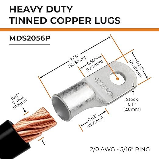 SELTERM 2pcs 2/0 AWG 5/16" Stud Tinned Copper Wire Lugs, Battery Cable Ends, 00 Gauge Ring Terminal Connectors, UL Marine Grade Electrical Terminal Connectors