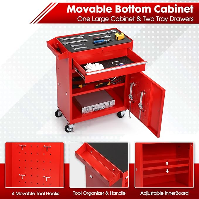 5-Drawer Rolling Tool Chest with Wheels - High Capacity Tool Cabinet with Detachable Top Toolbox for Garage and Workshop Organization - Metal Tool Cart with Liner & 4 Hooks, Red