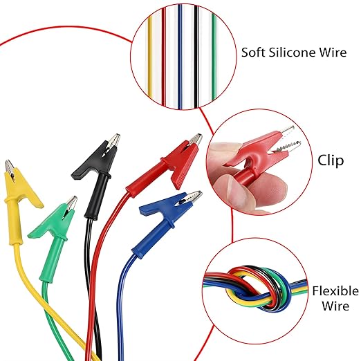 Sumnacon Multimeter Banana Plug to Crocodile Alligator Clip Test Probe, 5PC 4mm Stackable Colorful Silicone Banana Plug to Alligator Clip Test Probe Lead Wire Cable 9.8Ft/3M