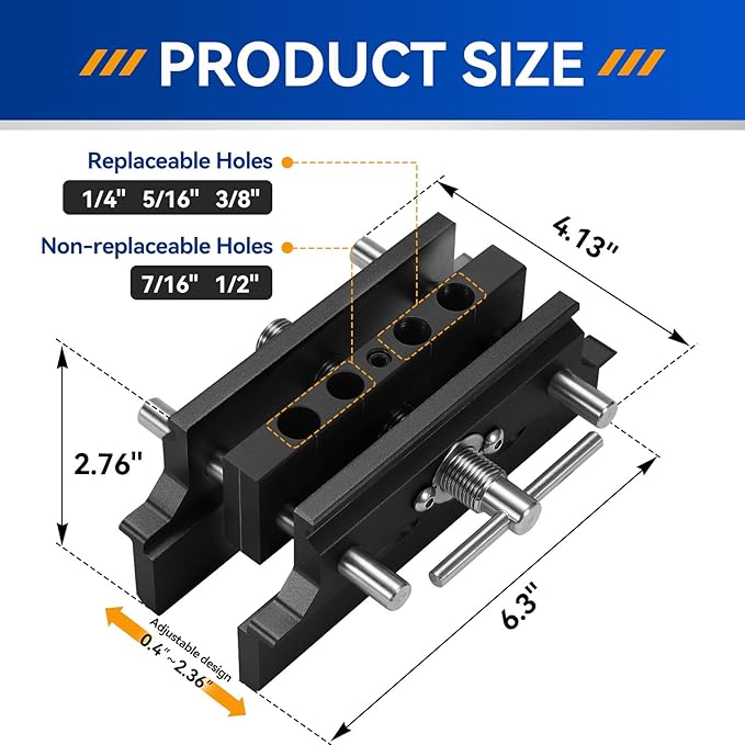 Self Centering Doweling Jig Kit,Adjustable Width Dowel Jig for Straight Holes,Adjustable Drilling Guide Wood Working Tools with 6 Drill Guide Bushings, Wood Doweling Jig for Woodworking（Black)