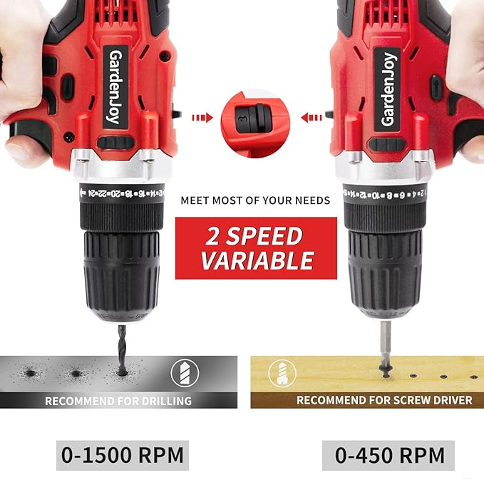 GardenJoy Cordless Power Drill Set: 12V Electric Drill with Battery and Charger,