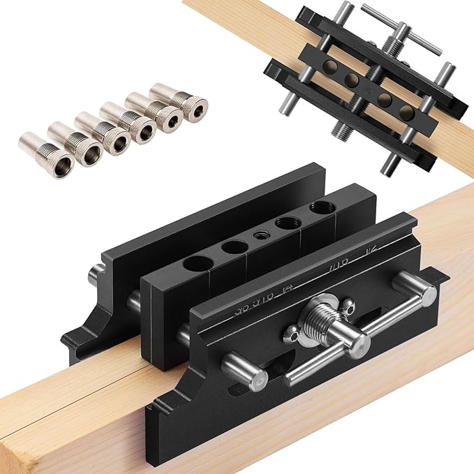 Self Centering Doweling Jig Kit,Adjustable Width Dowel Jig for Straight Holes,Adjustable Drilling Guide Wood Working Tools with 6 Drill Guide Bushings, Wood Doweling Jig for Woodworking（Black)