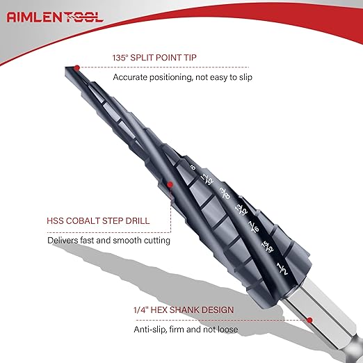 M35 Four Spiral Flute Cobalt Step Drill Bit, 1/8"-1/2" Wear-Resistant TiAlN Coated Four-Flute Step Bit, 1/4" Hex Shank Unibit Step Bit for Metal, Stainless Steel, Aluminum, Wood, Plastic