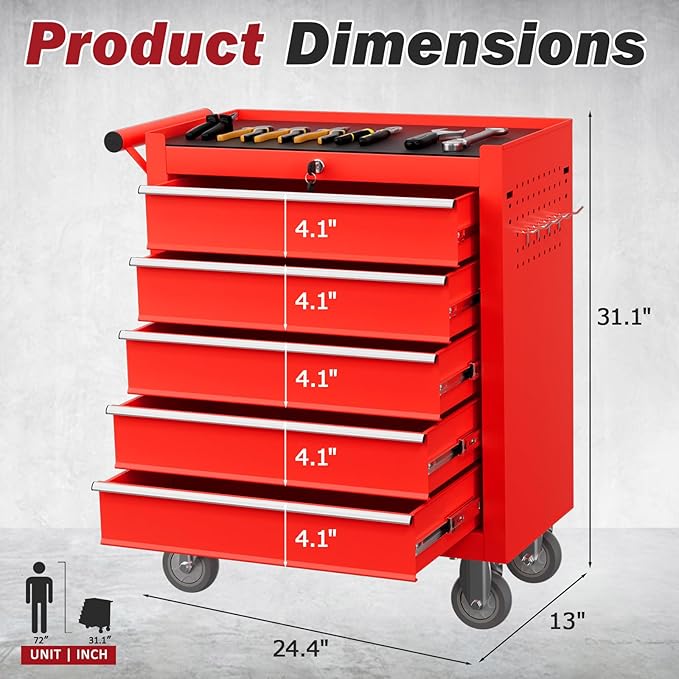 Rolling Tool Chest with Drawers, 5 Drawers Tool Chests & Cabinets, Metal Toolbox with Wheels, Lockable Storage Cabinet, Garage Tool Box with Drawers (Red, 5 Drawers)