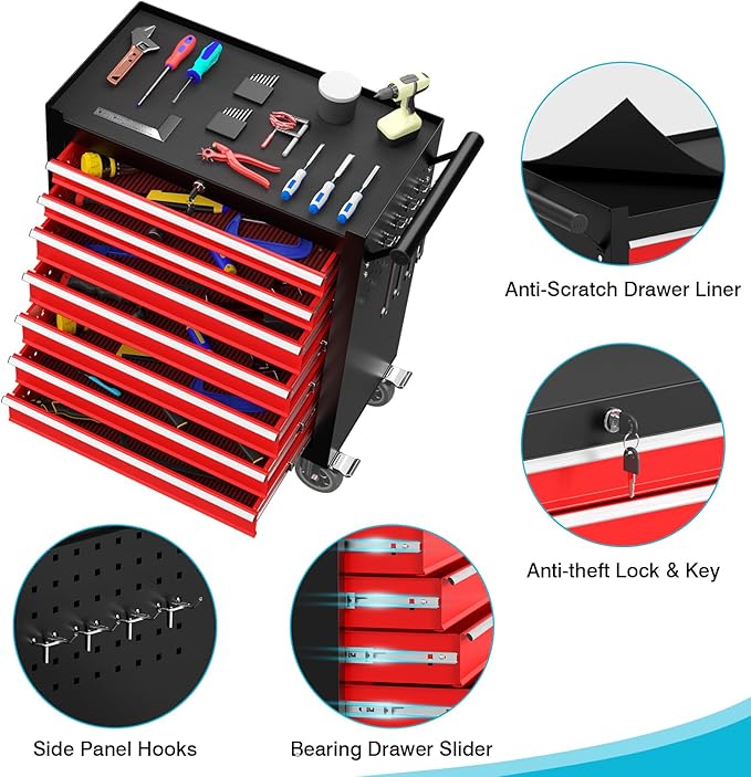 7 Drawers Metal Rolling Tool Chest, Portable Storage Rolling Tool Box, Toolbox on Wheels for Warehouse, Garage, Repair Shop and Tool Room