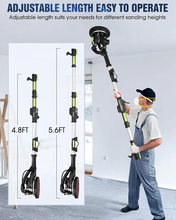 Drywall Sander, 7.2A Electric Drywall Sander with Vacuum Dust Collection, LED Light, 6 Variable Speed Digital Display 900-1800RPM, Foldable & Extendable Handle, 9 Sanding Discs&3 Grid Sandpaper