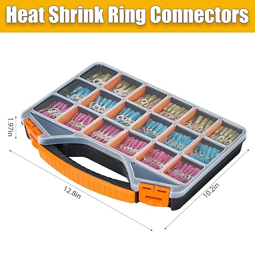 600PCS Marine Grade Heat Shrink Wire Connectors-Electrical Connectors Kit of Tinned Red Copper,Crimp Insulated Ring Fork Spade Butt Splice AWG22-16 16-14 12-10 Gauge (600pcs Kit, AWG 22-10)