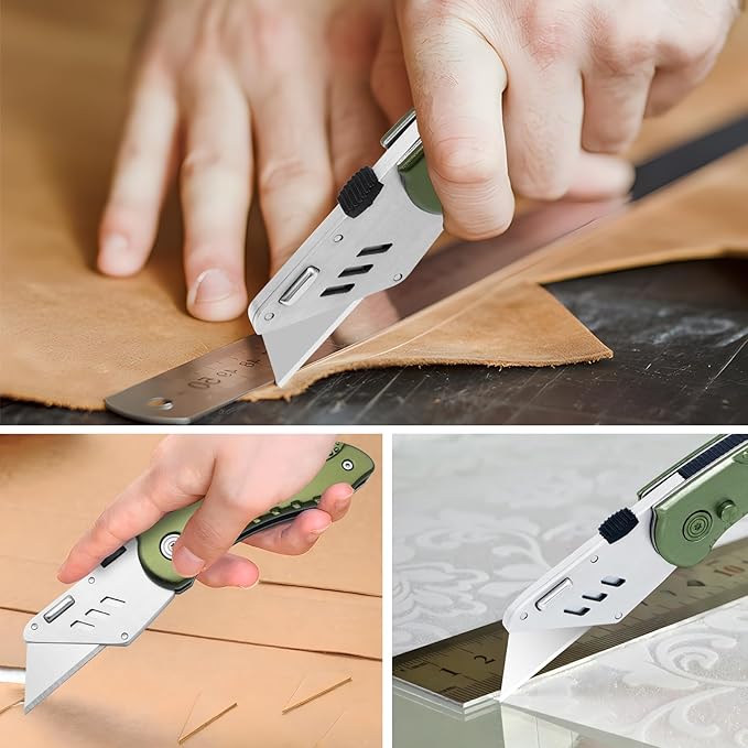 Vickay Folding Utility Knife, Box Cutter with 5 SK5 Quick Change Blades, Safety Axis Lock Design Razor Knife, Lightweight Aluminum Handle Belt Clip for Office Home Artcraft (Olive Green)