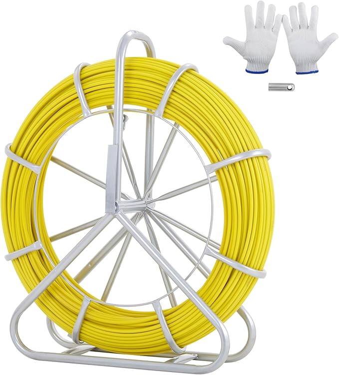 VEVOR Fiberglass Fish Tape 656 FT x 1/4 inch, Fish Tape Duct Rodder Puller with Durable Steel Stand, Non-Conductive Fishtape Wire Cable Running Rod for Walls, Floor and Electrical Conduit