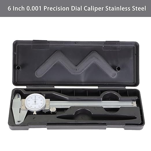 6 Inch 0.001 Precision Dial Caliper Stainless Steel Shockproof 4-Way Measurement with Plastic Case, Good Caliper Measuring Tool