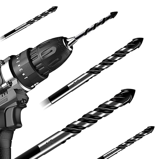 5-Piece 1/2“ Masonry Drill Bits for Tile Glass Ceramic Wall Brick Stone Soft-Metal Wood, 1/2 Inch Concrete Drill Bits Cement Drill Bit Set, 3-Flat Shank, YG8 Carbide Tungsten Steel Alloy Tip 12mm