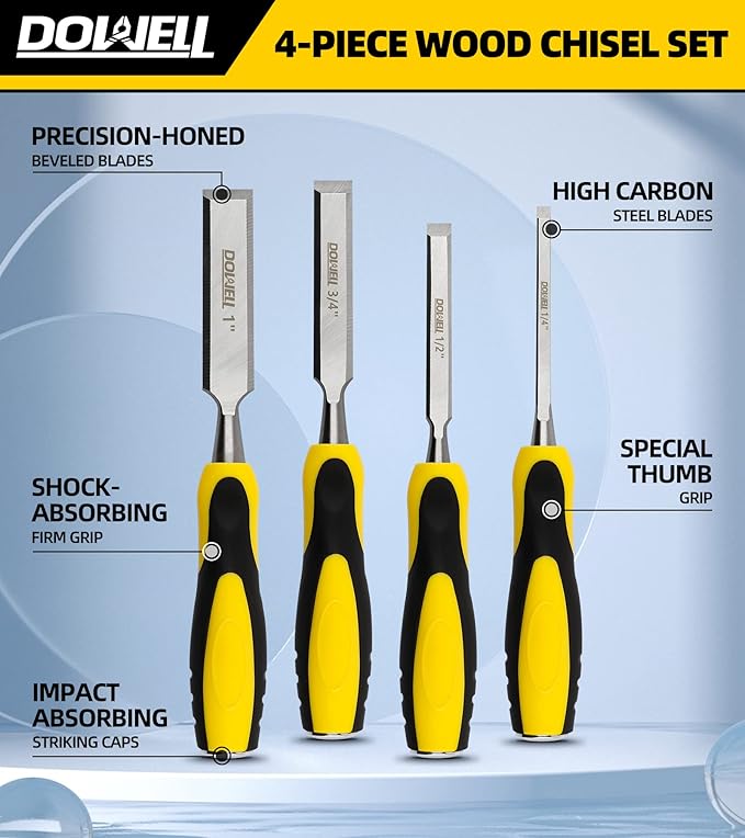 DOWELL Wood Chisel Tool Set 4pc Sturdy Chisel, 1/4 inch,1/2 inch,3/4 inch,1 inch with Carpenter Pencils HY080103