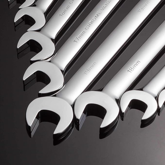 Ratchet Spanner Set Combination Wrench 12 Piece Metric Sizes from 8mm to 19mm with Roll Bag, Perfect for Home, Bike, Car Repairs