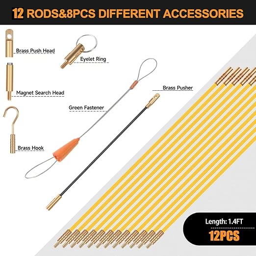 16.8FT Fiberglass Running Electrical Wire Cable Glow Rods Wire Pulling, Fish Rods Electrical Kit with 6 Different Attachments and Fish Tape Wire Puller Kit (Yellow)