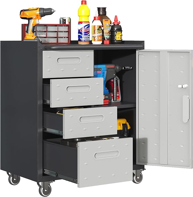 Metal Mobile Tool Storage Cabinet with Wheels,Heavy Duty Rolling Tool Cabinets for Garage,Metal Storage Cabinets with 4 Drawer and 1 Locking Doors,Assembly Required