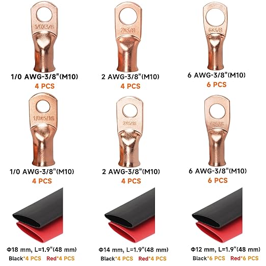 Copper Lugs kit 1/0 Gauge 2 Gauge 6 Gauge Battery Cable Lugs 5/16" and 3/8" Stud Ring Terminals Heavy Duty 0 2 6 AWG Wire Lugs 28 PCS Battery Cable Ends Wire Connectors with 28 PCS Heat Shrink Tubing