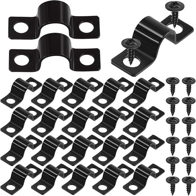 Swpeet 25Pcs 8mm Two Hole U Bracket Clamp with 50Pcs Self-tapping Screws Kit, U-Clamps, Metal Pipe Clamps, Pipe Strap Clamps, Conduit Tension Clips for Fixing Pipe or Cable