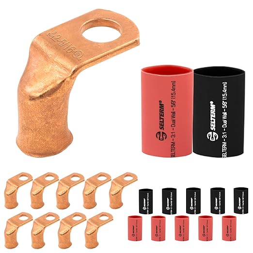 SELTERM 10pcs - 2 AWG 5/16" Stud - 90° Bent Battery Lugs - Ring Terminal Connectors with 12pcs 3:1 Black & Red 5/8" Heat Shrink Tubing - Heavy Duty Battery Cable Ends - Bare Copper Wire Connectors Kit