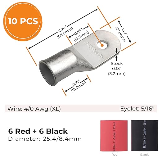 SELTERM 10pcs - 4/0 Awg (XL) 5/16" Stud Battery Lugs - Ring Terminal Connectors with 12pcs 3:1 Black & Red Heat Shrink Tubing with Adhesive, Heavy Duty Battery Cable Ends - Tinned Copper Wire Lugs Kit
