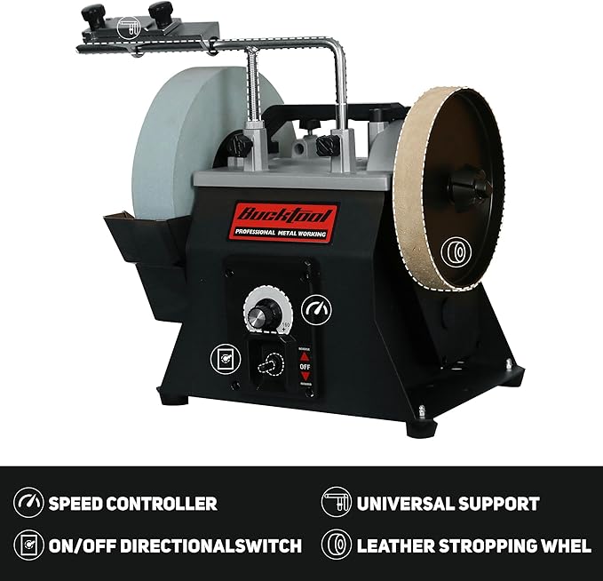 BUCKTOOL 10-Inch Variable Speed Wet Sharpening System, 1.2-Amp Two-Direction Water Cooled Wet Stone Grinder 90-160RPM, Wet Bench Grinder for Knife, Chisel, Knife, Axe, SCM8103