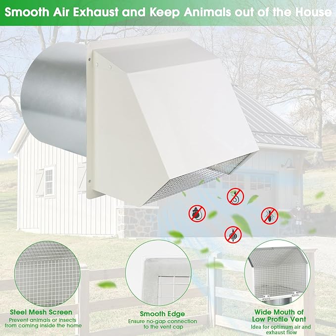 3 Inch Dryer Vent Cover Outside,Wall Vent Cover,Outdoor Dryer Exhaust Vent Cover for Dryer Duct Air Ventilation,Wall Mount Extractor Vent Cap with Screen and Damper,Galvanized Steel,White