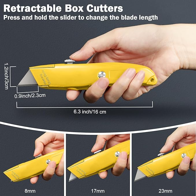 Lasnten 12 Pcs Box Cutter Bulk Retractable Utility Knife Heavy Duty Aluminum Alloy Carpet Knife Package Opener Cutter Blade for Cardboard Plastics Cartons DIY Home Warehouse Office(Yellow)