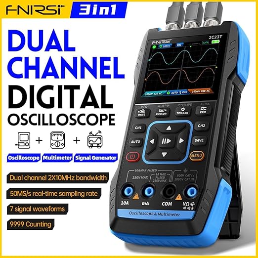 FNIRSI 2C23T 3IN1 Digital Oscilloscope Multimeter DDS Generator, 2 Channels, 10MHz Bandwidth, 50MSa/s Sampling Rate, 10000 Counts, Voltage, Current, Capacitor, Resistor, Diode Test