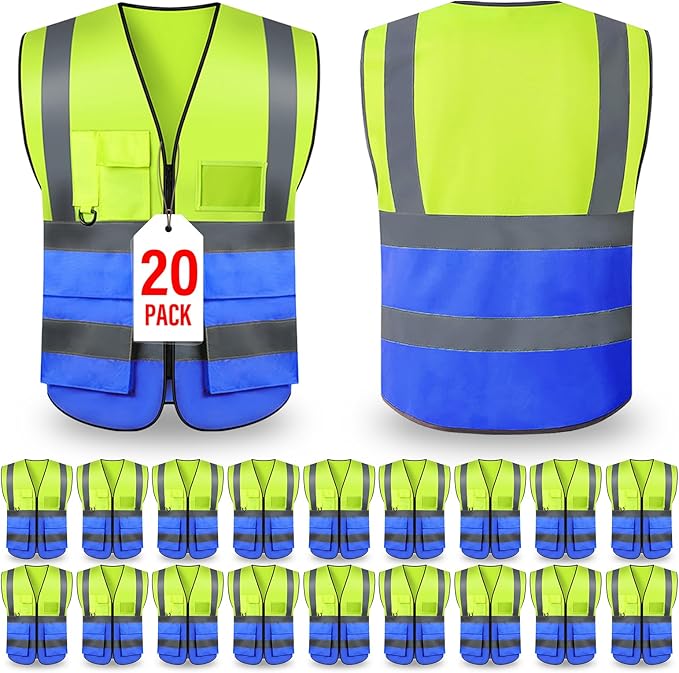 Safety Vests,Hi Vis Vest Reflective Vest with 5 Pockets and Zipper for Men Women, Neon Working Vest for Outdoor One Size