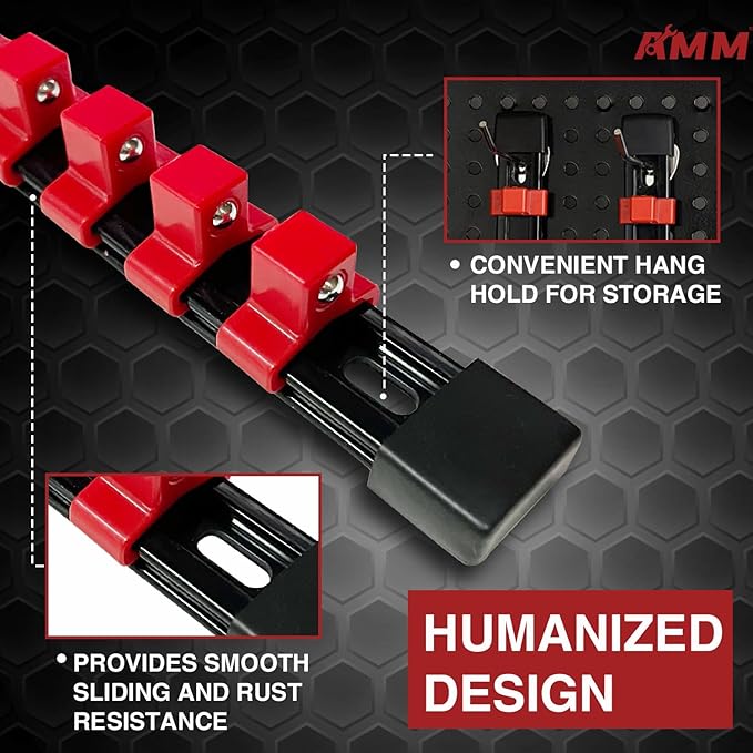 AMM 9-Piece Socket Organizer, 1/2 inch, 3/8 inch and 1/4 inch Drive ABS Tools-Red Socket Holder,Heavy Duty Socket Racks, Premium Quality Socket Clip Rail Holder,The best tool trays in the garage