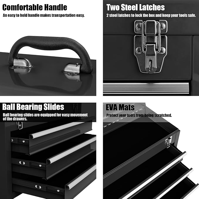 Goplus Tool Box with 3 Drawers, 4-Tier 20" Portable Tool Chest Organizer with Top Tool Tray, Auto Lock, Protective Liner, Handle, Steel Metal Small Toolbox for Gargae, Workshop, Home