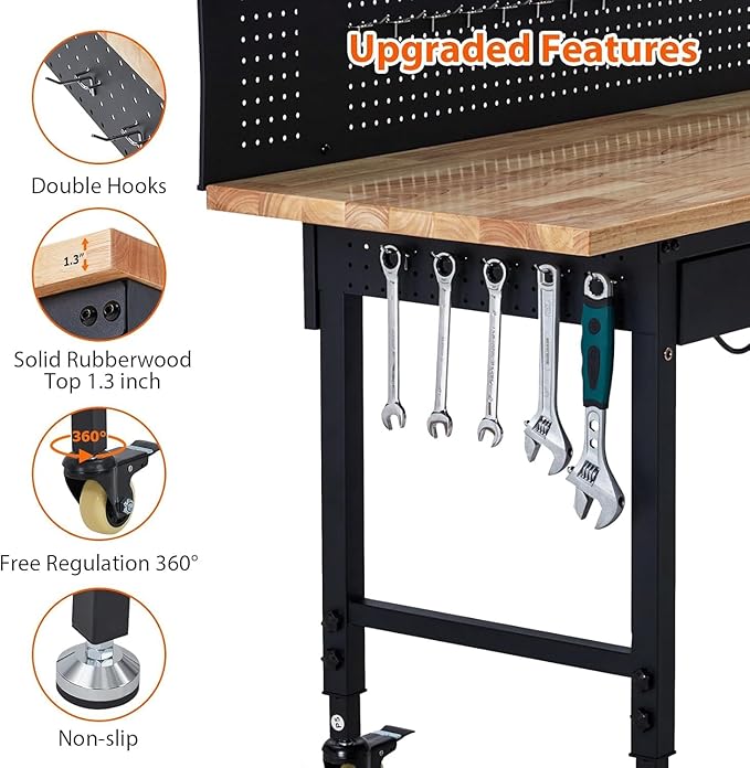 Work Bench 60" Adjustable Height, Heavy-Duty Portable Workbench with Power Outlets and Drawer for Garage & Workshop, 2000 LBS Load Capacity Large Pegboard, Work Table for Office, Home, Easy Assembly