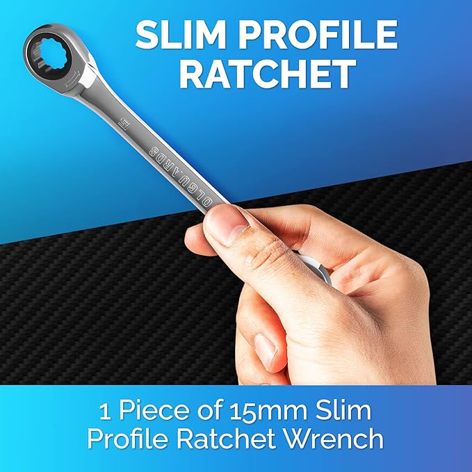 TOOLGUARDS 15mm Wrench - Ratcheting Wrench - Slim Profile - Ratchet Wrench - 100% Lifetime Satisfaction Guarantee