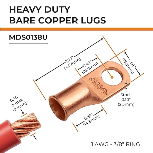 SELTERM 2pcs 1 AWG 3/8" Stud Copper Wire Lugs, Battery Lugs, Ring Terminals, Battery Cable Ends, 1 Gauge Ring Terminal Connectors, UL Heavy Duty Bare Copper Eyelets Battery Terminal Connectors