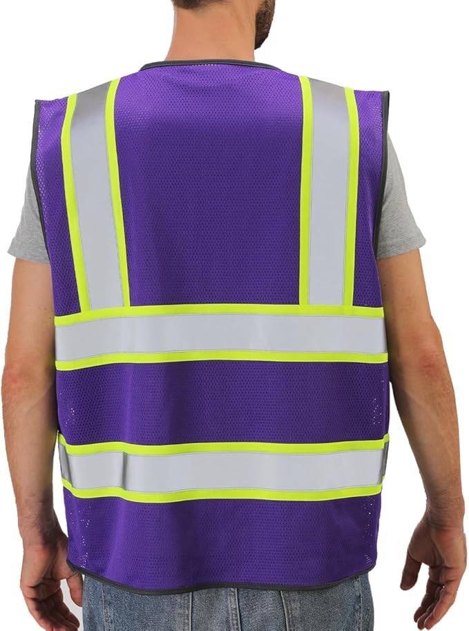 Dib Safety Reflective Mesh Vest High Visibility Two Tone with Pockets and Zipper, Purple Mesh with Yellow Trim XL