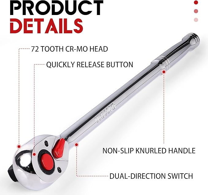 1/2 Inch Drive Ratchet Wrench, 1/2 Ratchet Wrench Long Handle, Socket Wrench, 72-Tooth Quick-release Reversible Cr-Mo Head, Chrome Steel Made - 15''38cm