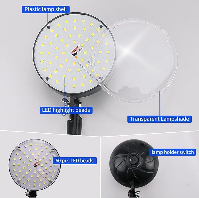 20W Clip on Light, LED Work Light with Flexible Gooseneck and Clip Base, Shop Tool Lamp for Lathe, Work Bench, Sewing Machine, Industrial Lighting, Small Areas Bright Lights, 2000 Lumens