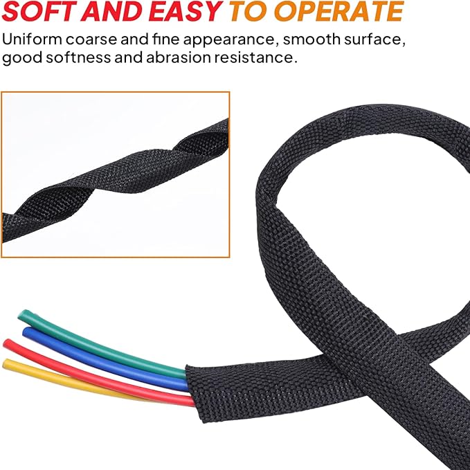 Black 2:1 Ratio Automotive Heat Shrink Braided Sleeving,Wear-Resistant Flat Woven Shrinkable Sleeve Fabric Car Cable Wires Hoses Protection (1/2"-35ft)