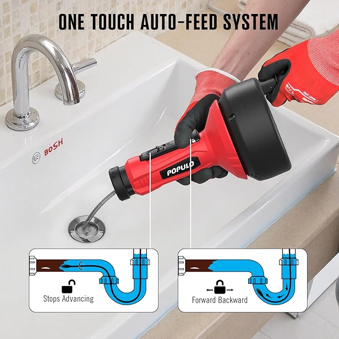POPULO 16.5FT Toilet Snake Auger, Auto Feed Upgraded Drain Snake, Plumbing Toilet Hair Drain Clog Remover with Extension Tube for Toilet, Shower, Bathtub, Kitchen, Sink