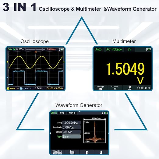 HANMATEK 3 in 1 Handheld Oscilloscope Multimeter 100Mhz Waveform Generator Oscilloscope with 2 Channels 3.5"TFT, HO102S Professional oscilloscope Multimeter with Memory Function