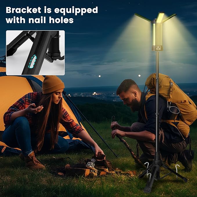 Rechargeable Camping Light with Stand 6000mAh 3.9 ft Max Height, Cordless Camping Lights with 3 LED Lamp Heads, 2000 Lumens Dimmable Magnetic Emergency Flashlight with Detachable Tripod(Green-M)