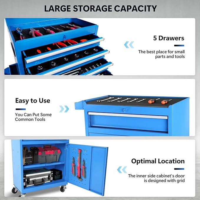 Rolling Tool Chest - 5 Drawers Tool Box Organizer with Lockable Wheels, Sliding Drawers, Detachable Top Tool Box - Tool Storage Cabinet for Garage Workshop, Blue