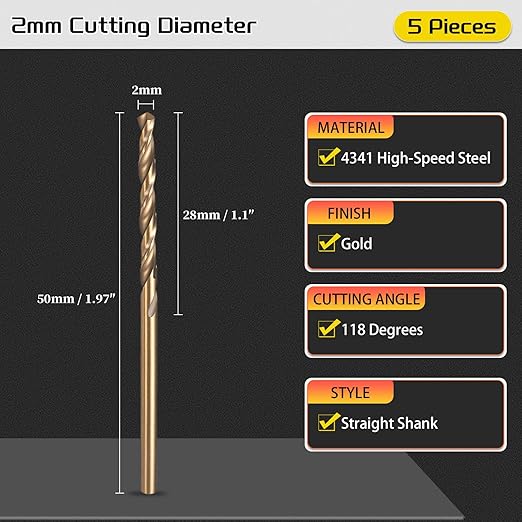 Drill Bit, 2mm Cutting Diameter, 4341 HSS Gold and Black 118° Cutting Angle Number Jobber Bits - (Applications: for Drilling Soft Metal Plastic Wood), 5-Pieces