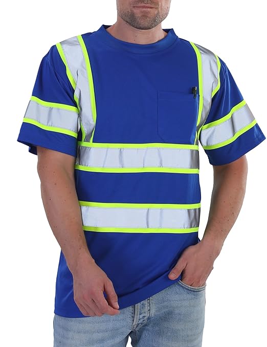 sesafety High Visibility Shirts for Mens Class 3 Hi Vis Reflective Construction Shirts for Men with Pocket Safety T Shirts for Men Work Shirt for Mens Short Sleeve Blue Yellow Strips 5XL